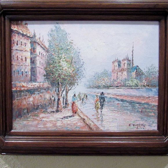 France Street Scene Acrylic Painting Framed Signed